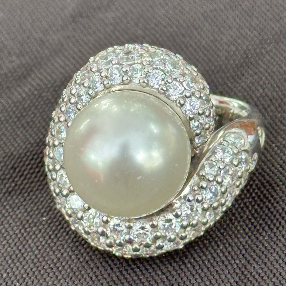 Chunky Belle Etoile Infinity Ring Sterling Pearl And Rhinestone Size 7-7.25